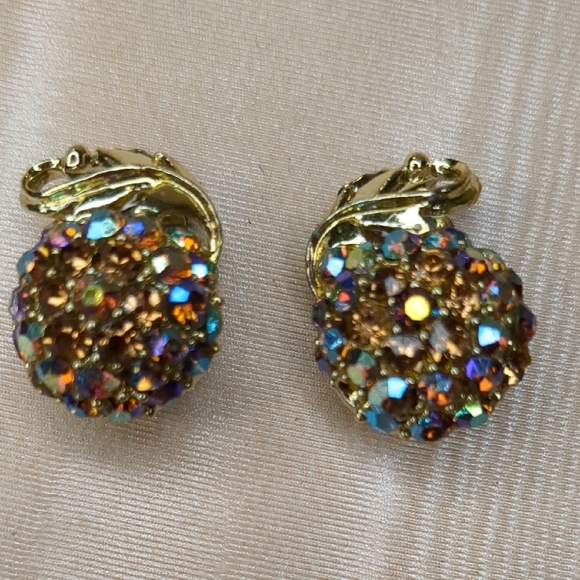 Vintage Jewelry - Vintage 60s Ab Crystal Earrings Peach Fruit Clip-on Mid Century